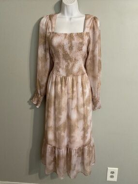 Nine West Blush and Gold Smocked Square-Neck Midi Dress Size XL
